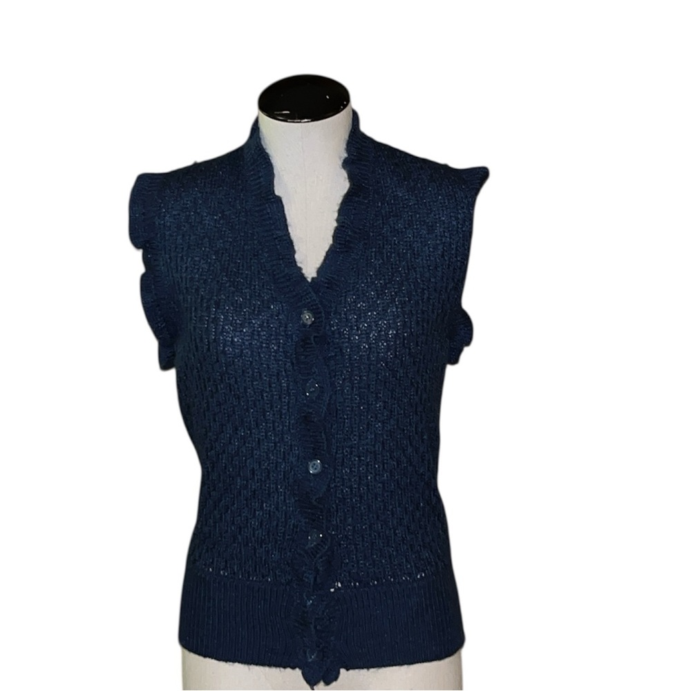 Vintage sleeveless sweater button up Queen’s-Way to Fashion blue knit ruffle sm